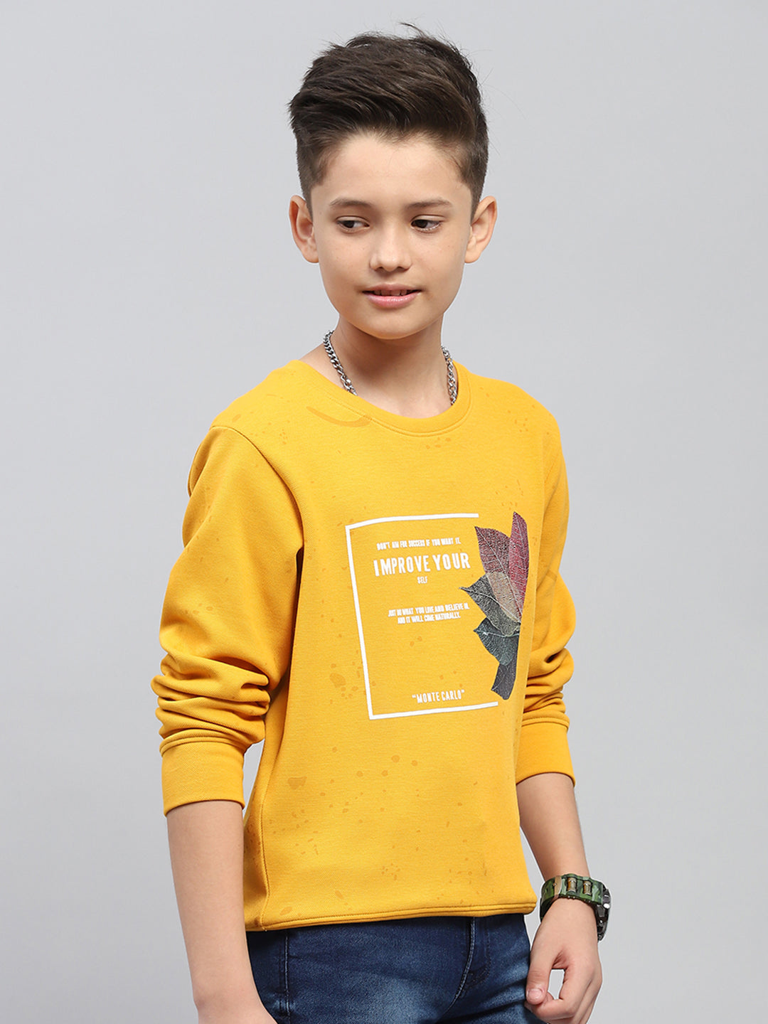 Boys Yellow Printed Round Neck Full Sleeve Sweatshirt