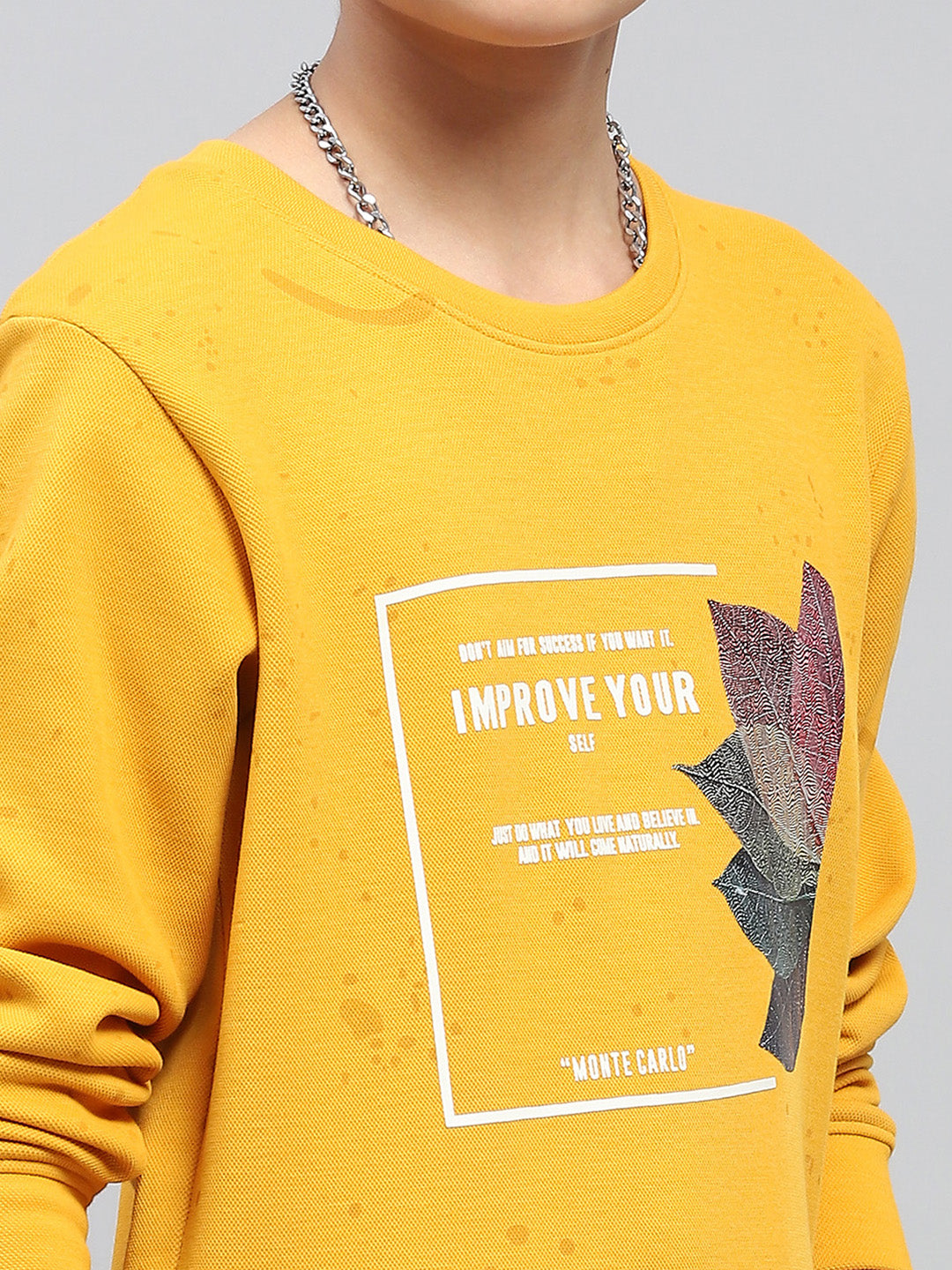 Boys Yellow Printed Round Neck Full Sleeve Sweatshirt