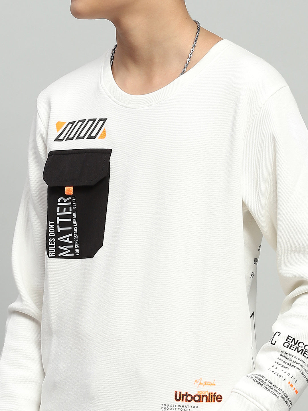 Boys White Printed Round Neck Full Sleeve Sweatshirt