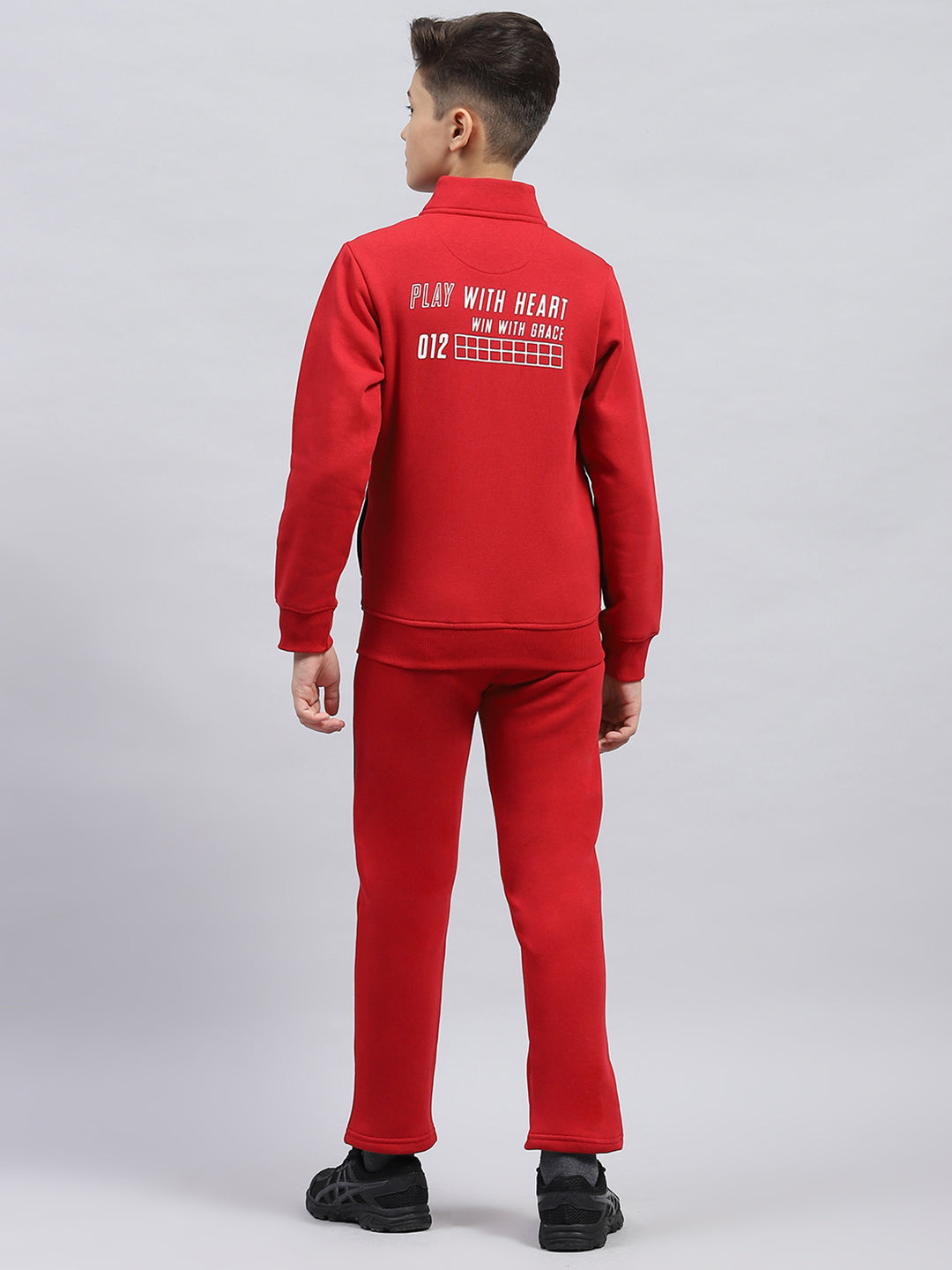 Boys Red Printed Mock Neck Full Sleeve Tracksuit