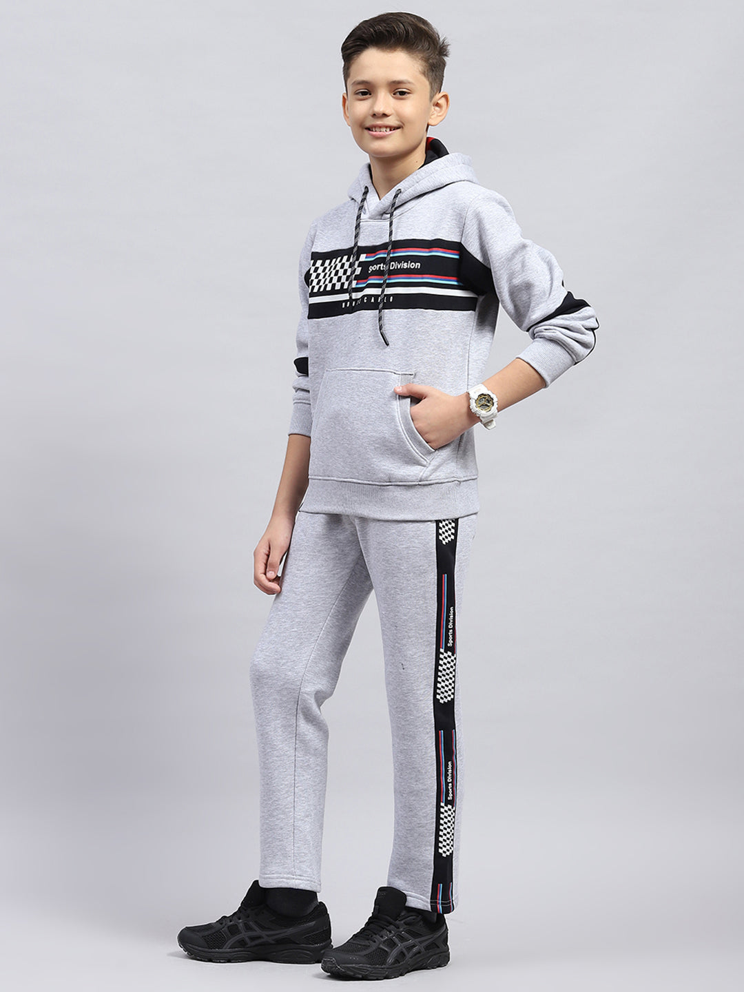 Boys Grey Printed Hooded Full Sleeve Tracksuit
