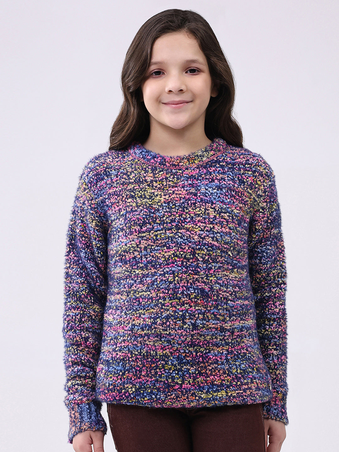 Girls Navy Blue & Purple Self Design Round Neck Full Sleeve Pullover