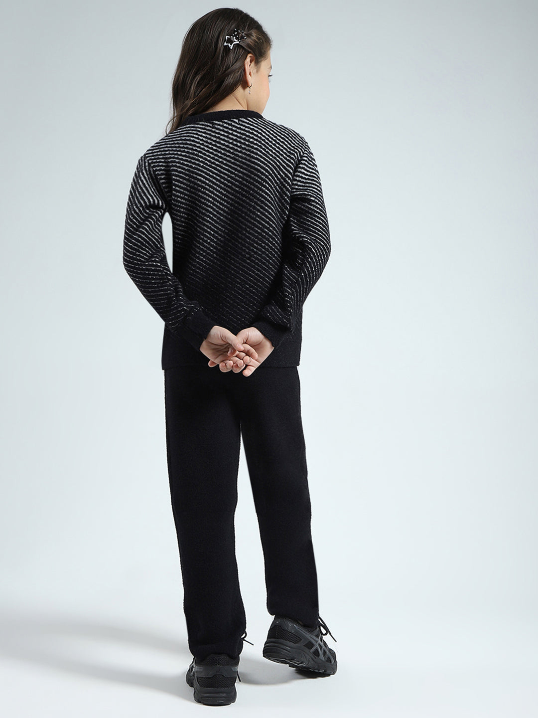 Girls Black Self Design Round Neck Full Sleeve Cords Set