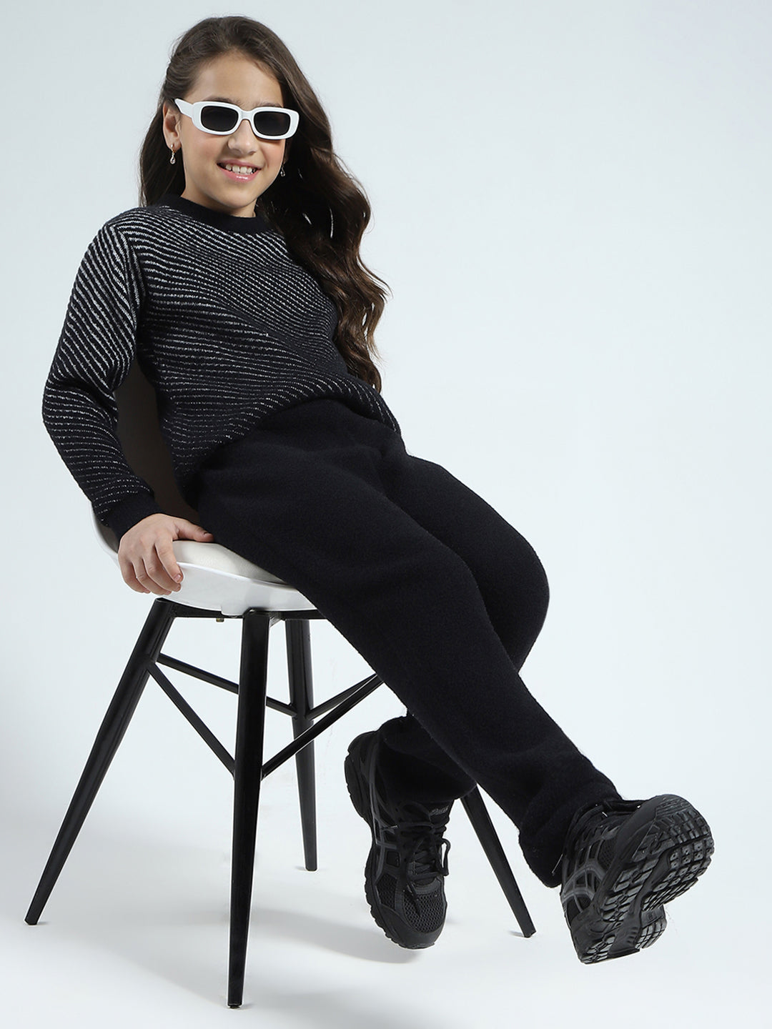 Girls Black Self Design Round Neck Full Sleeve Cords Set