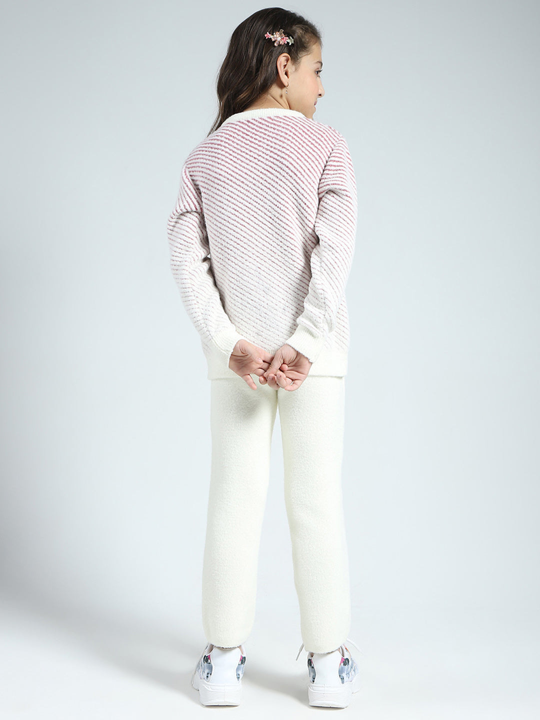 Girls Cream Self Design Round Neck Full Sleeve Cords Set