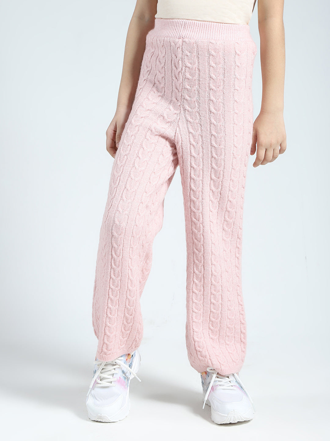 Girls Pink Self Design Round Neck Full Sleeve Cords Set