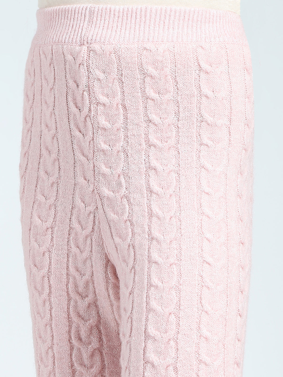 Girls Pink Self Design Round Neck Full Sleeve Cords Set