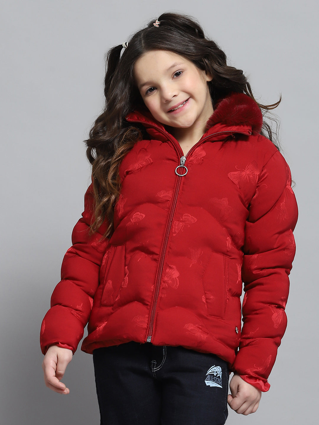 Girls Red Self Design Collar Full Sleeve Jacket