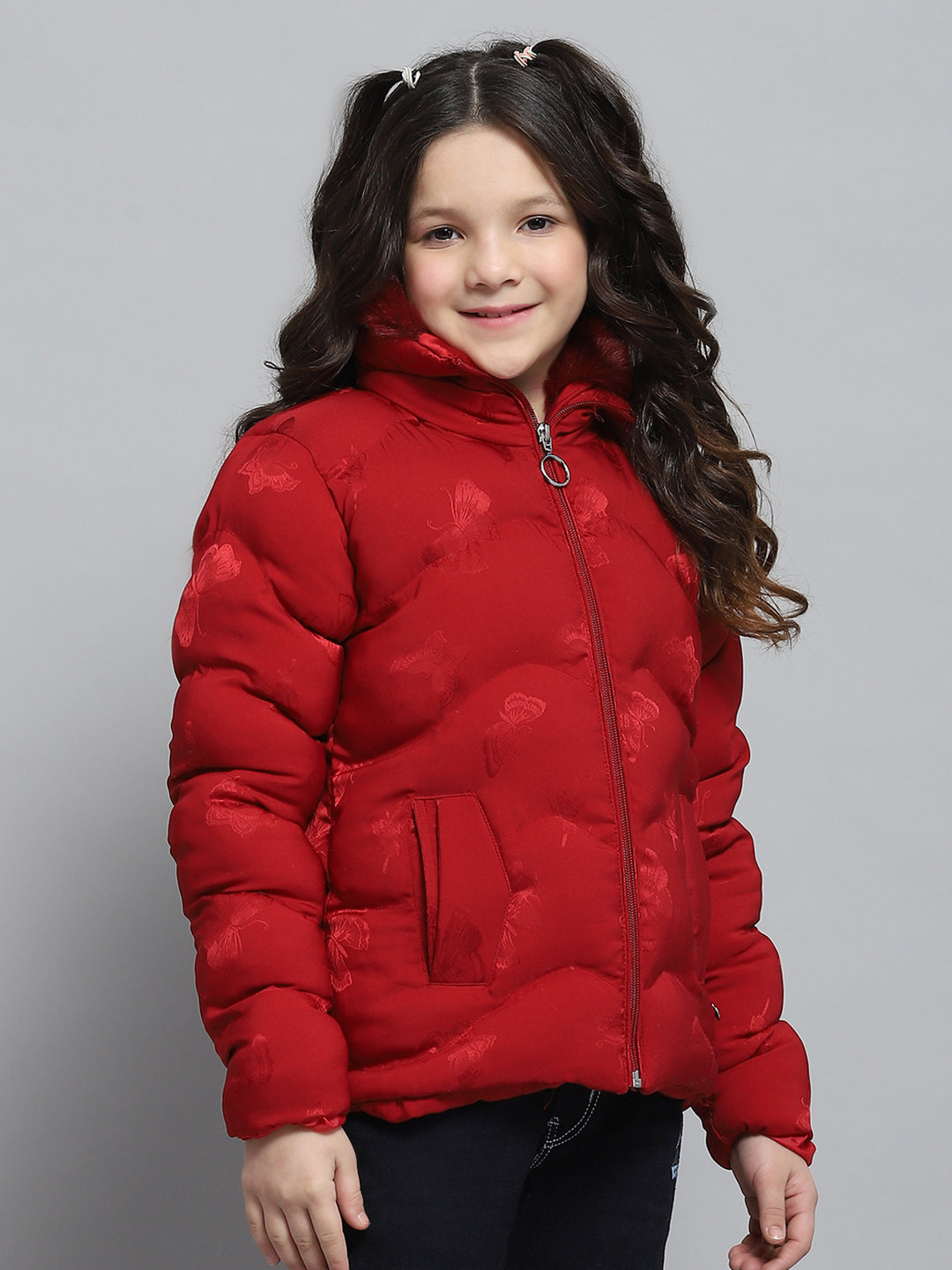 Girls Red Self Design Collar Full Sleeve Jacket