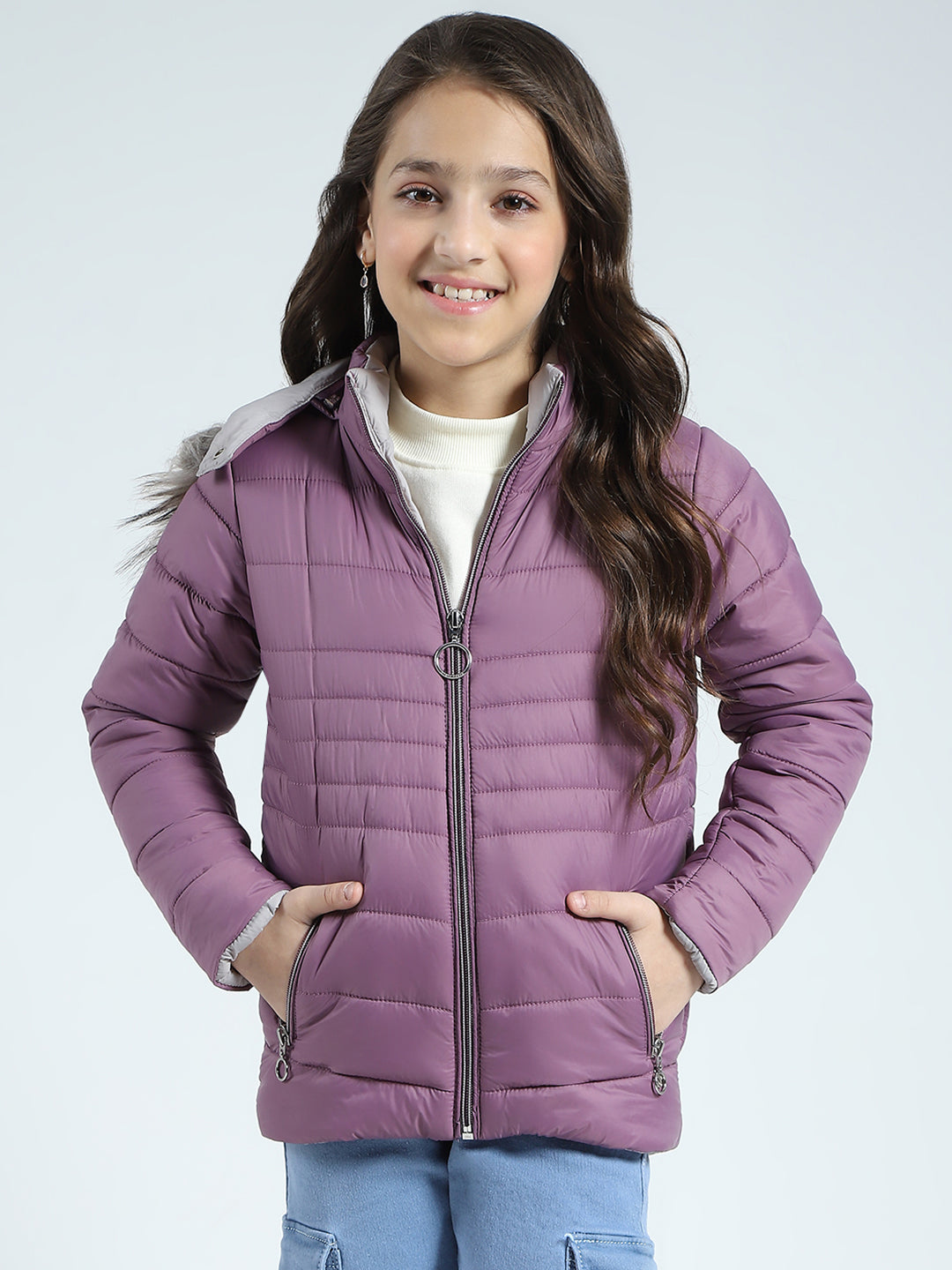 Girls Purple Solid Detachable Hood Full Sleeve Jacket