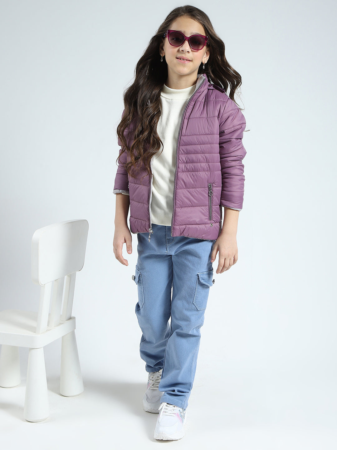 Girls Purple Solid Detachable Hood Full Sleeve Jacket