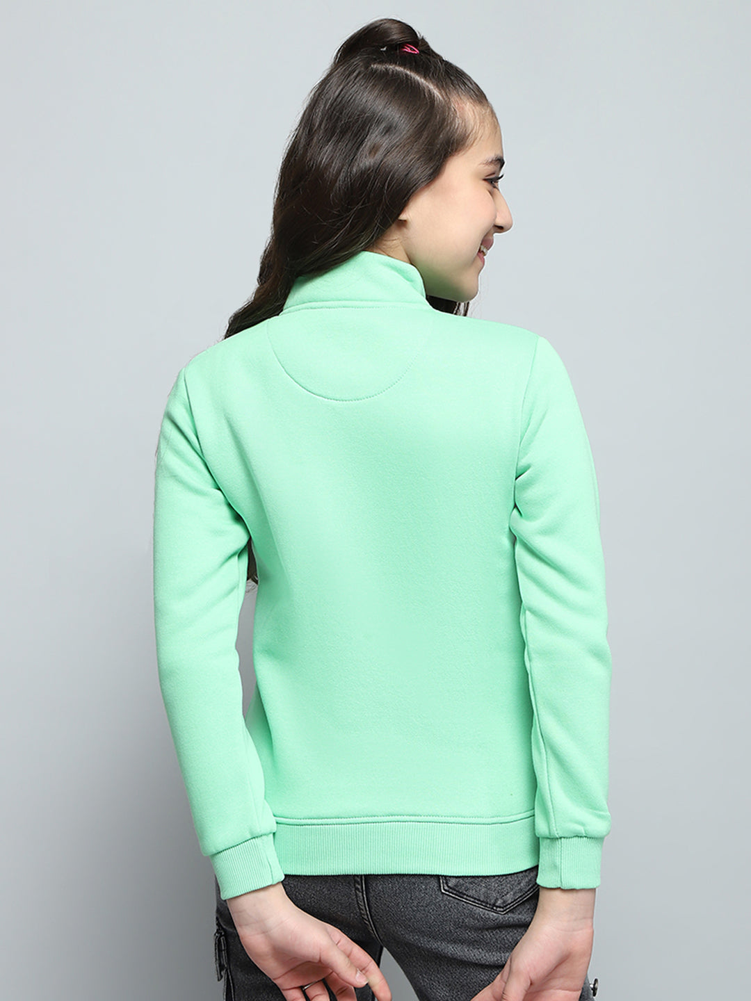 Girls Green Printed Mock Neck Full Sleeve Sweatshirt