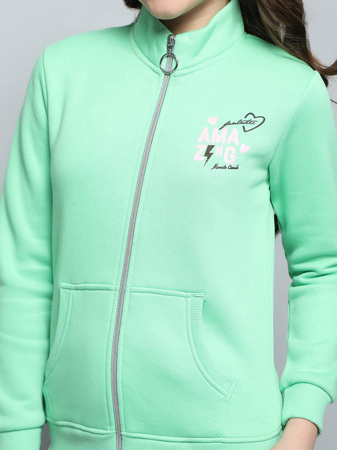 Girls Green Printed Mock Neck Full Sleeve Sweatshirt