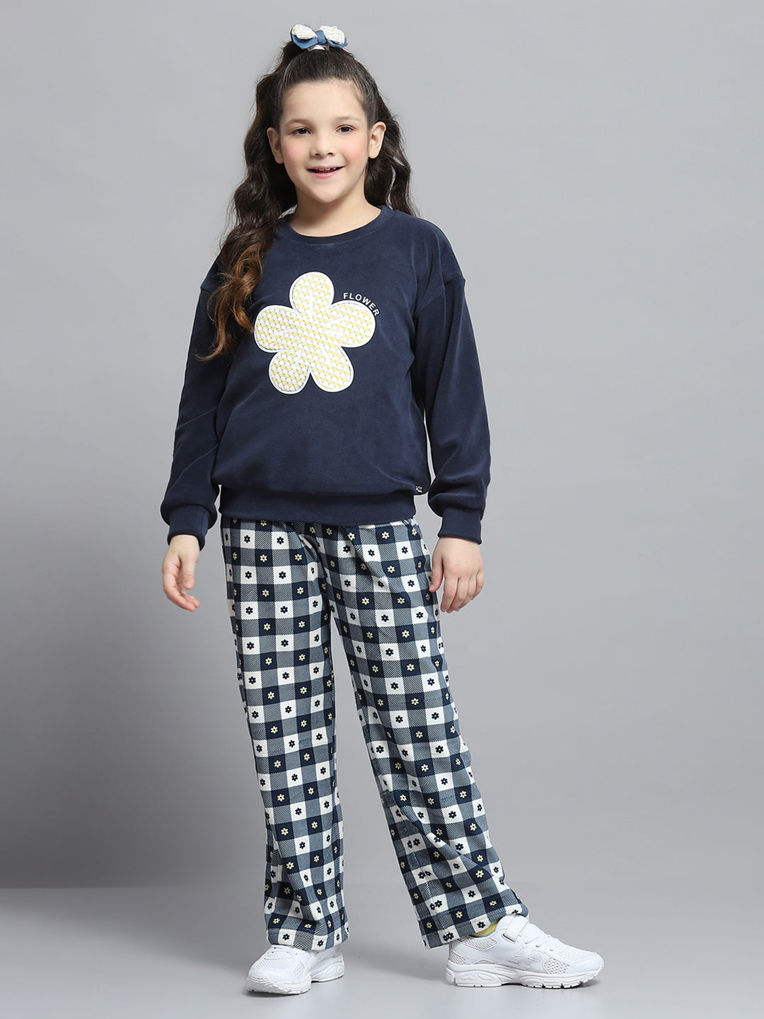 Girls Navy Blue Printed Round Neck Full Sleeve Tracksuit