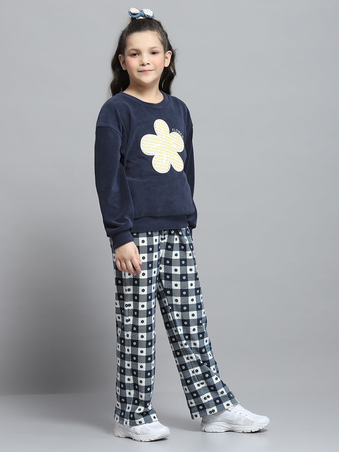 Girls Navy Blue Printed Round Neck Full Sleeve Tracksuit