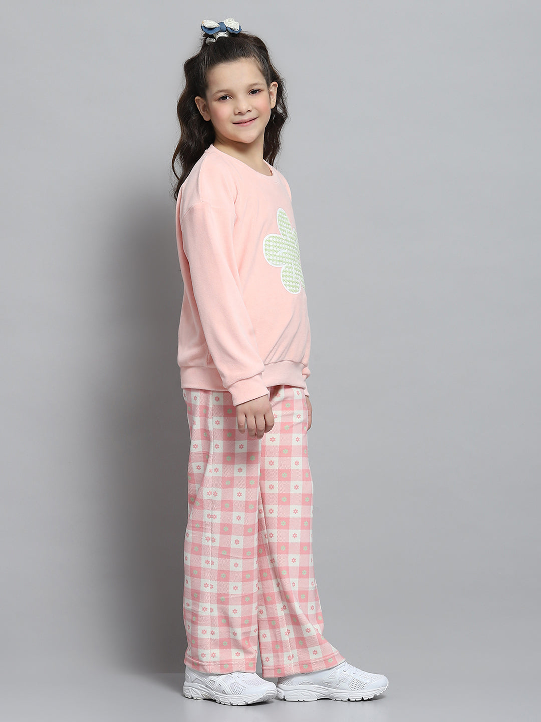 Girls Peach Printed Round Neck Full Sleeve Tracksuit