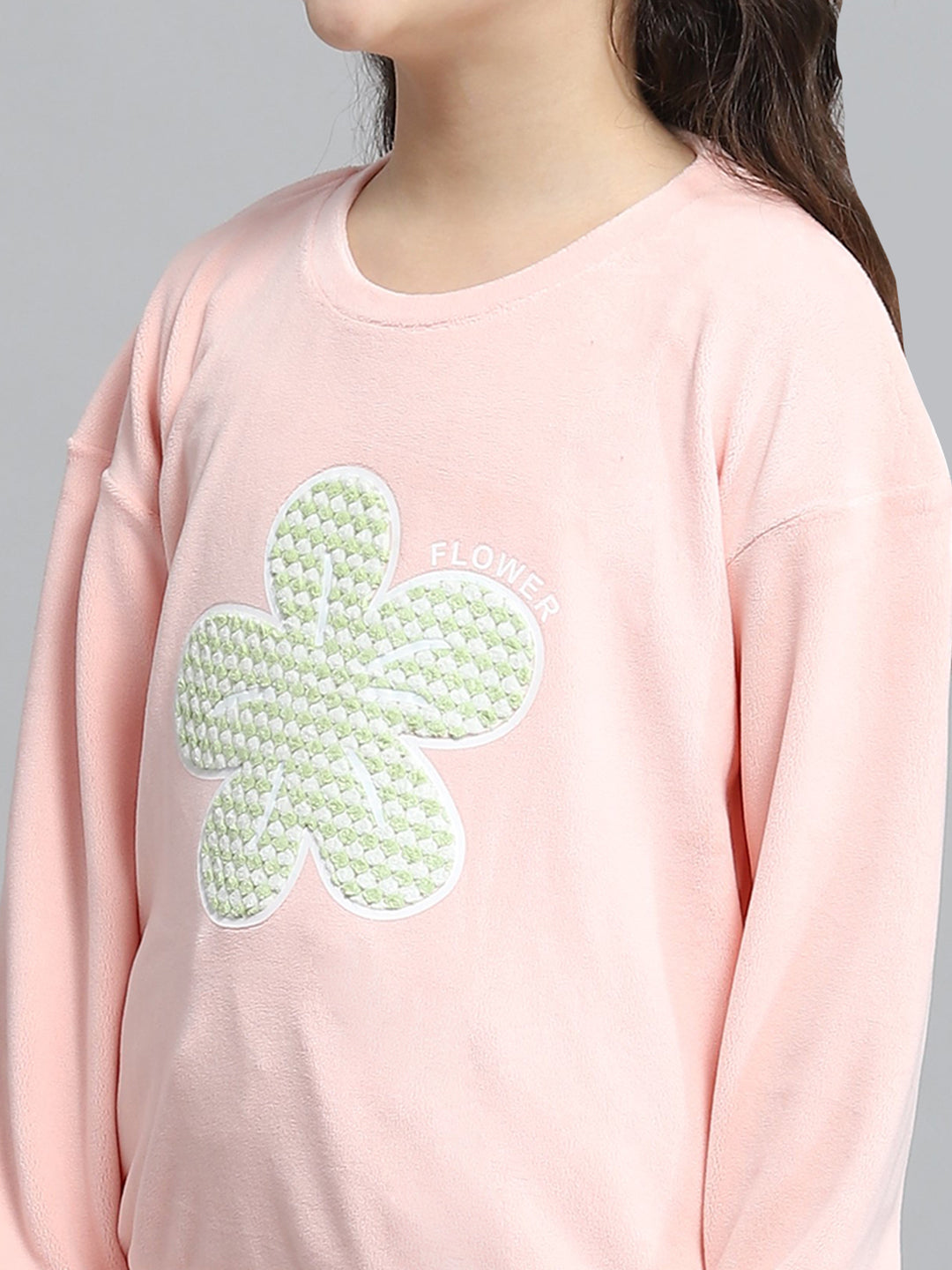 Girls Peach Printed Round Neck Full Sleeve Tracksuit