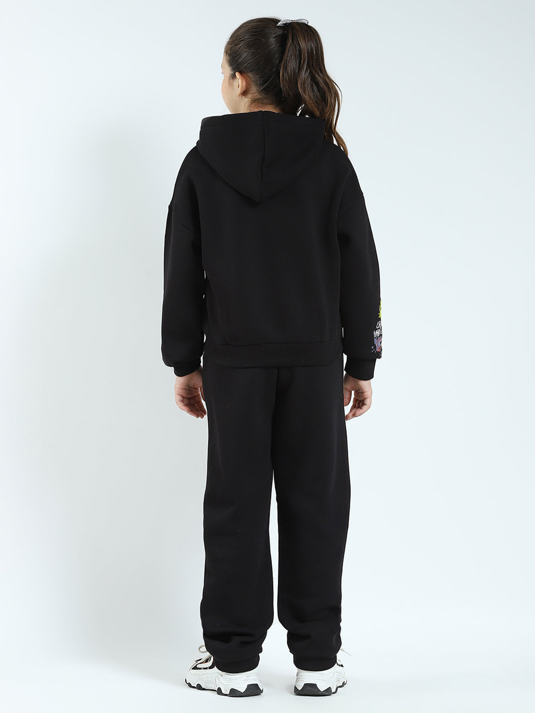 Girls Black Printed Hooded Full Sleeve Tracksuit