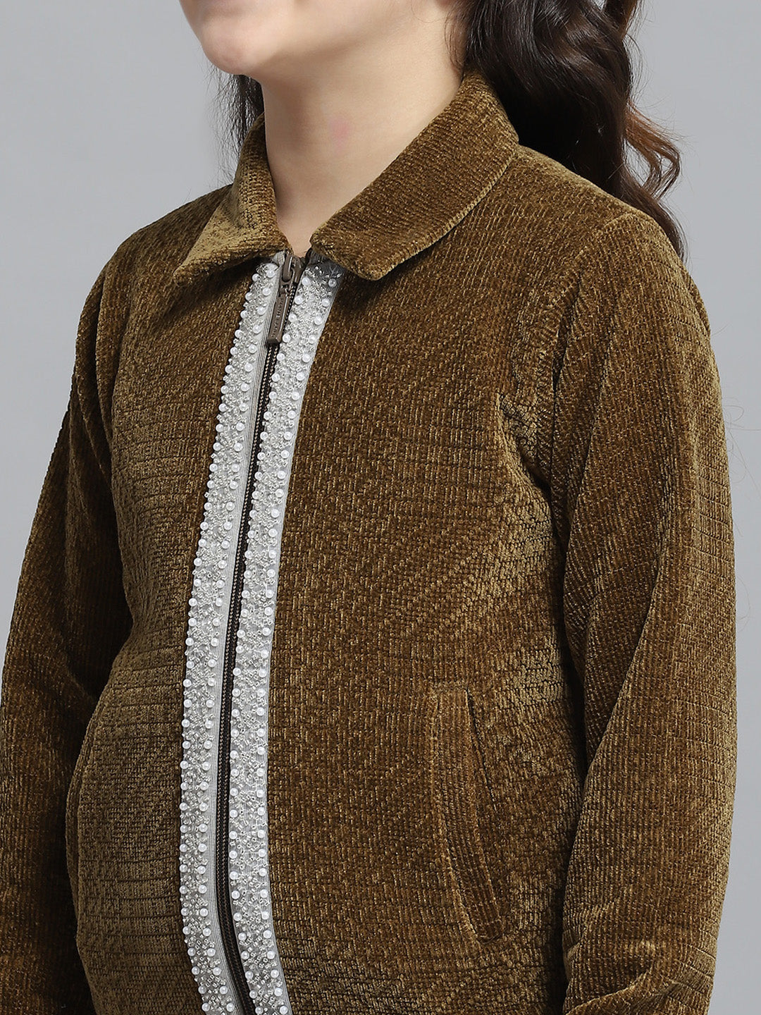 Girls Brown Self Design Collar Full Sleeve Cords Set