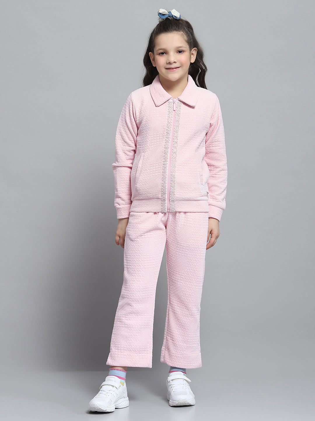 Girls Pink Self Design Collar Full Sleeve Cords Set