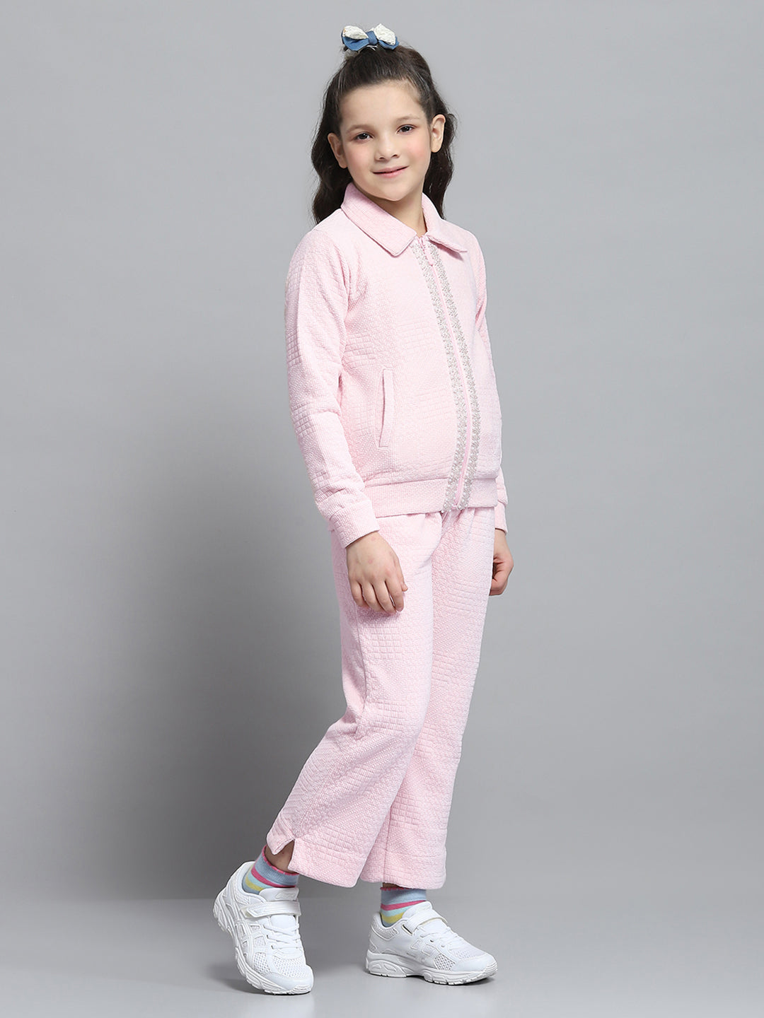 Girls Pink Self Design Collar Full Sleeve Cords Set