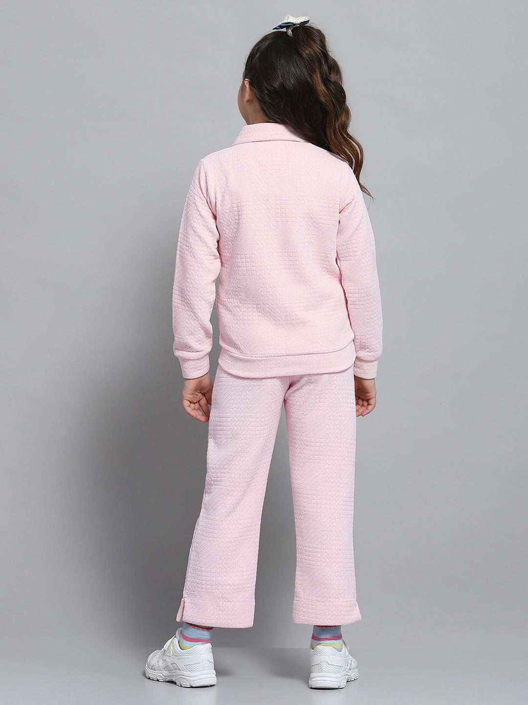 Girls Pink Self Design Collar Full Sleeve Cords Set