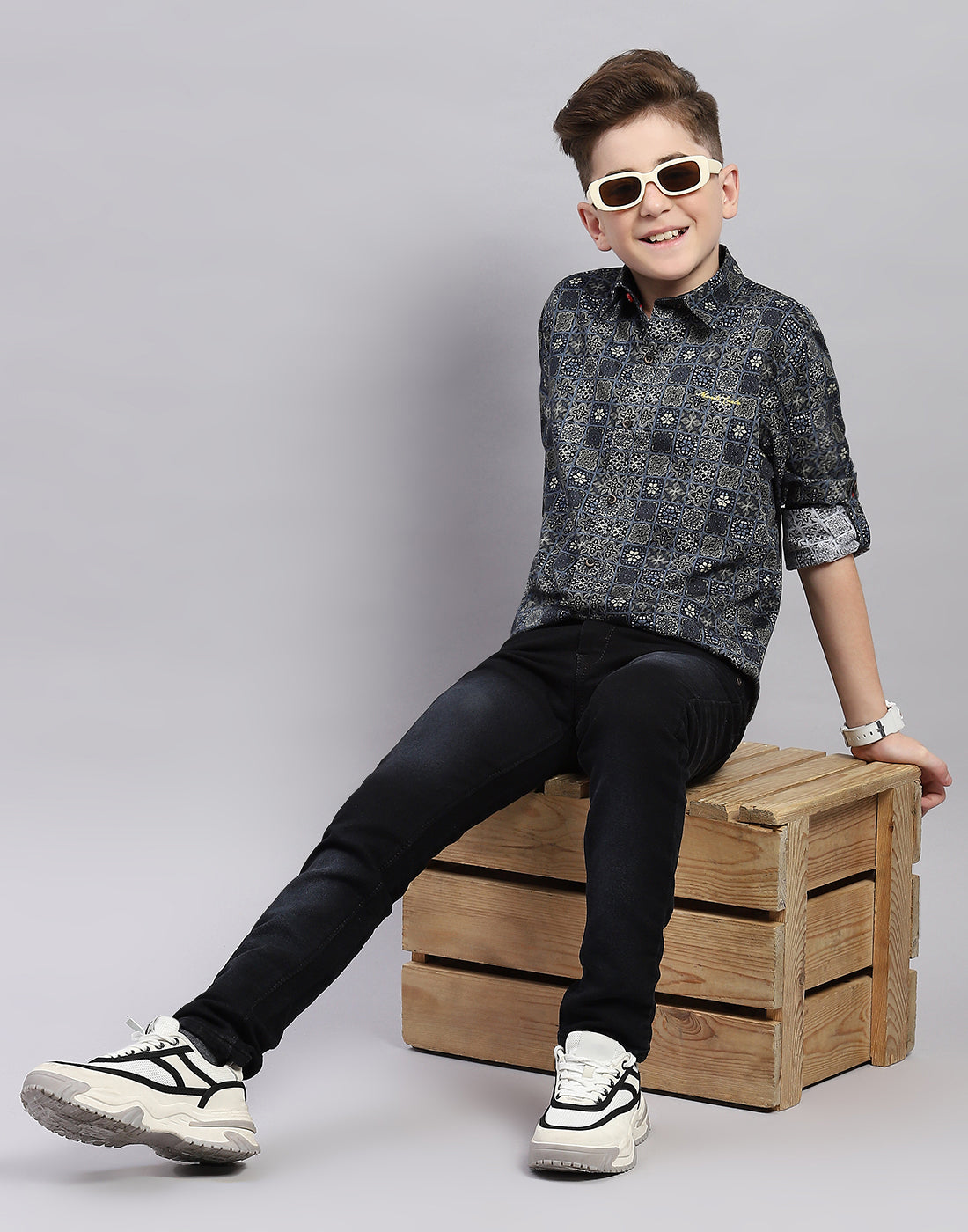 Boys Black Printed Collar Full Sleeve Shirt