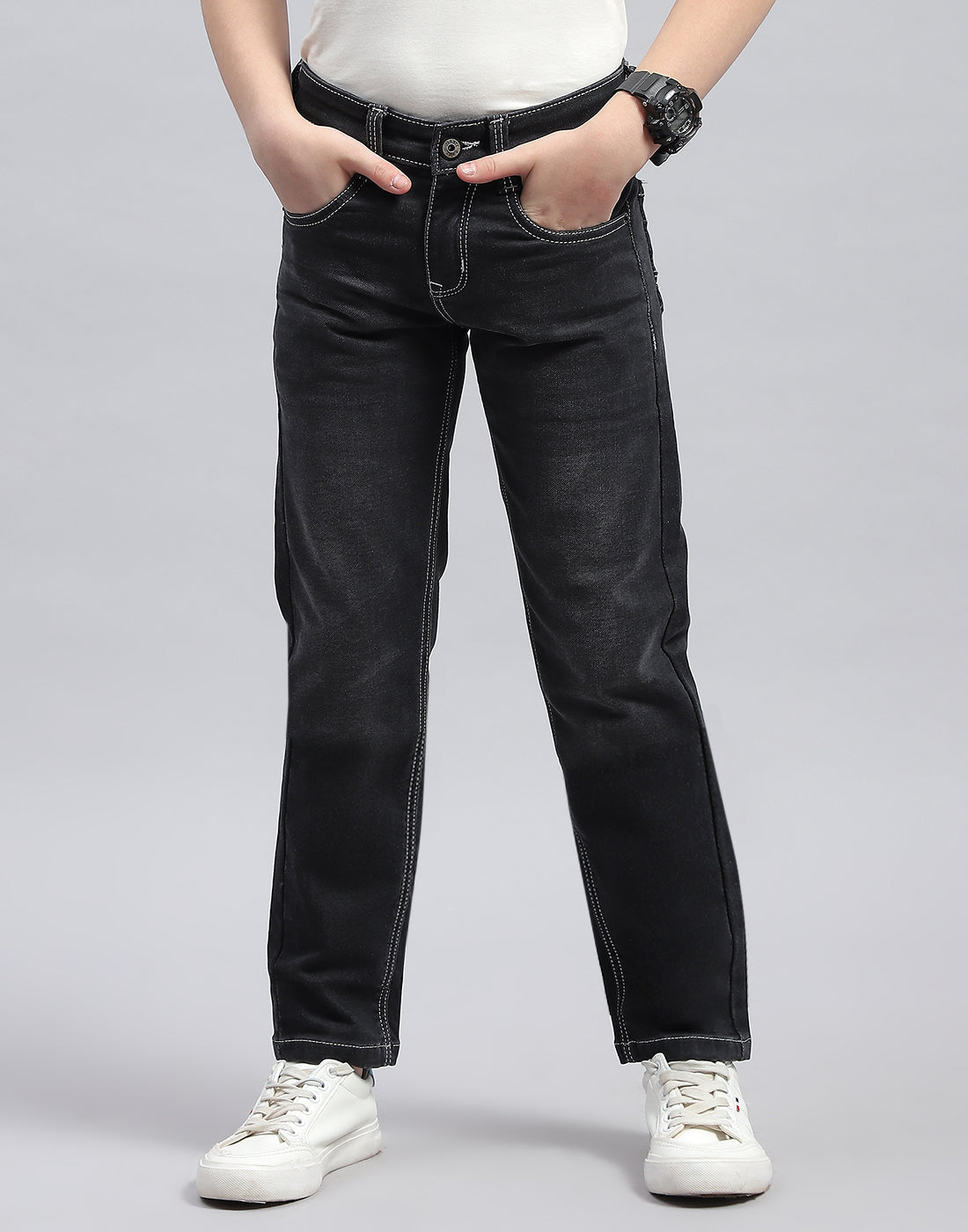 Boys Grey Black Solid Slim Fit Denim