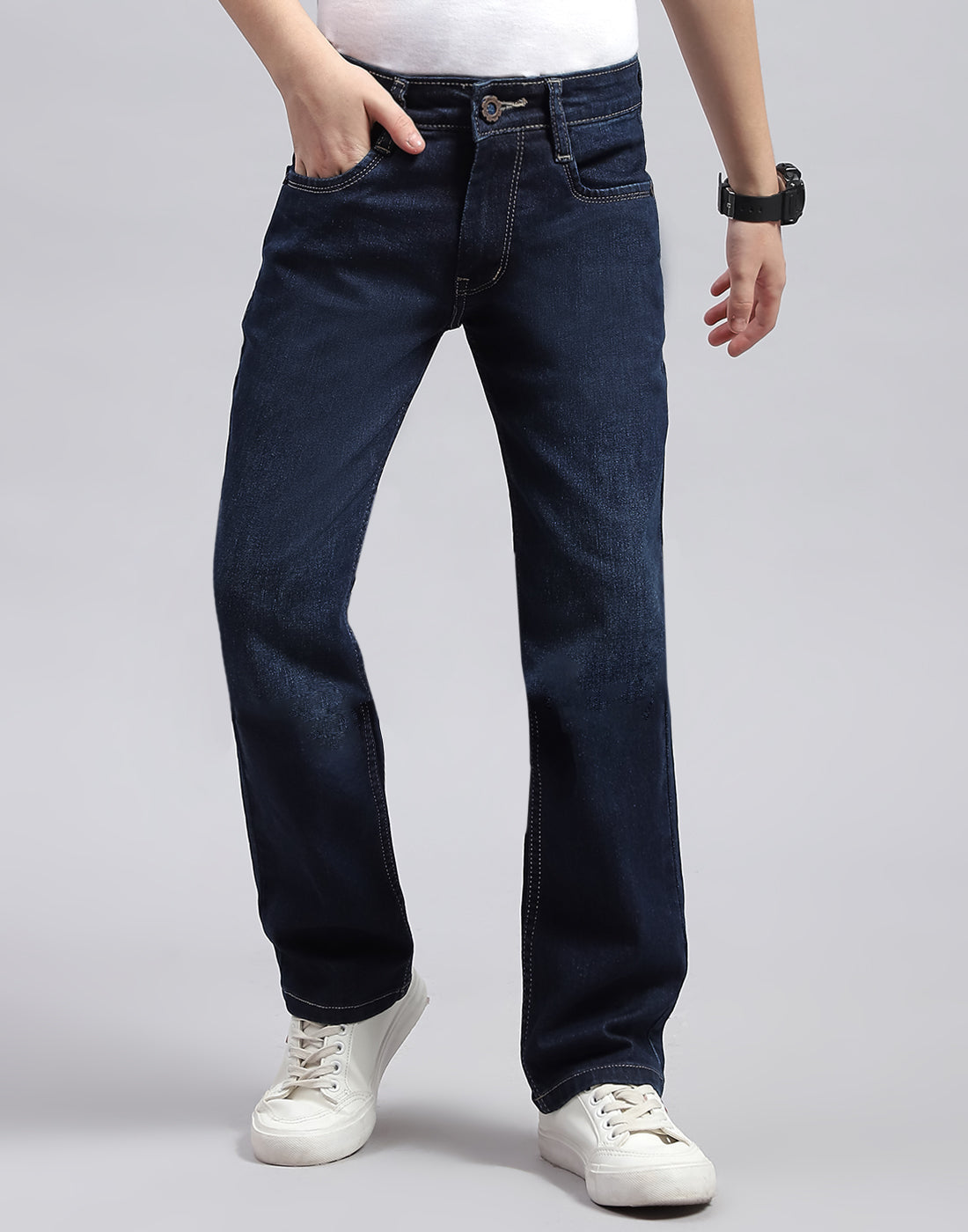Boys Blue Solid Regular Fit Denim