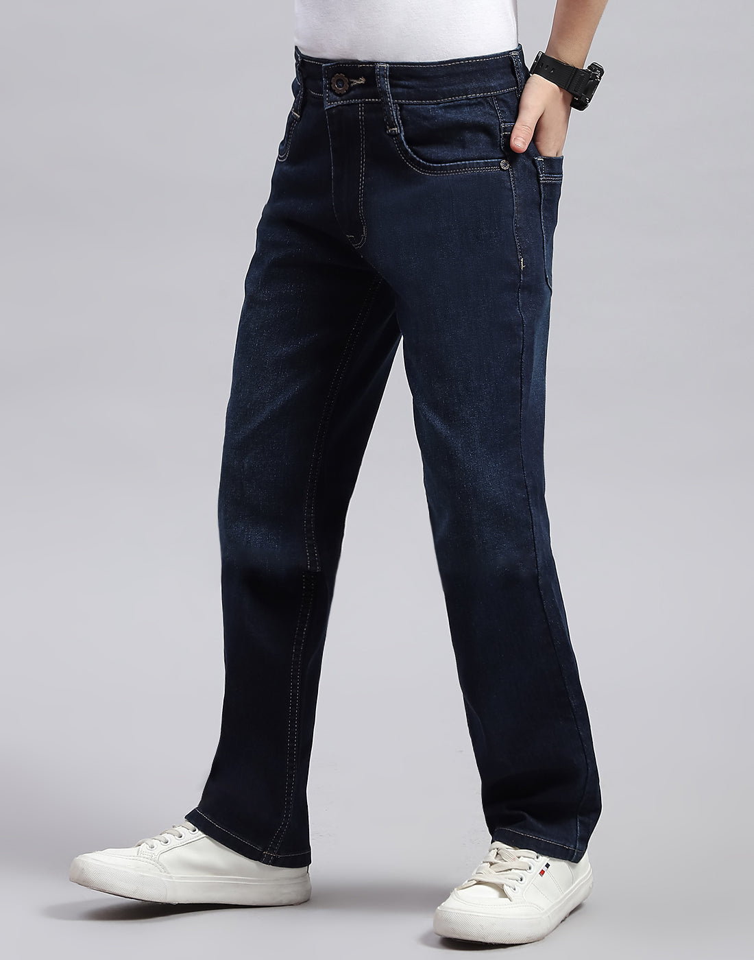 Boys Blue Solid Regular Fit Denim