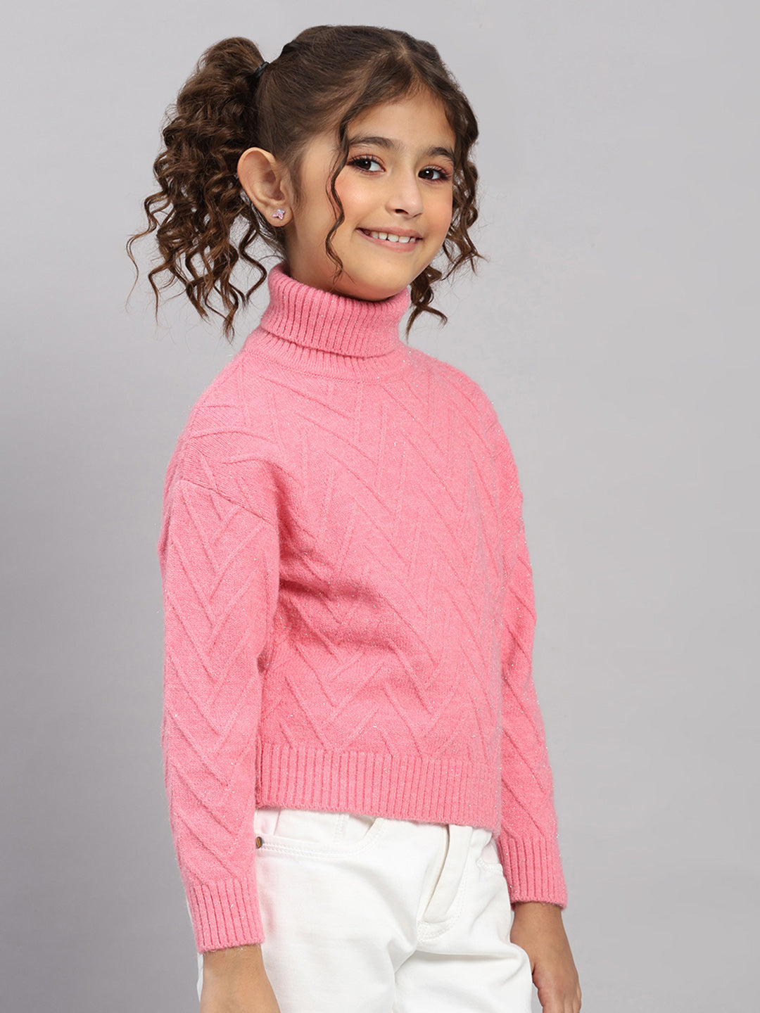 Girls Pink Self Design High Neck Full Sleeve Pullover