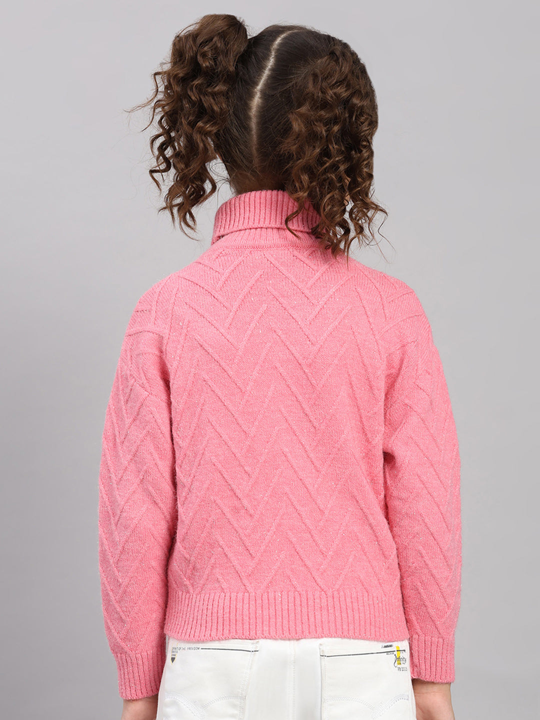 Girls Pink Self Design High Neck Full Sleeve Pullover