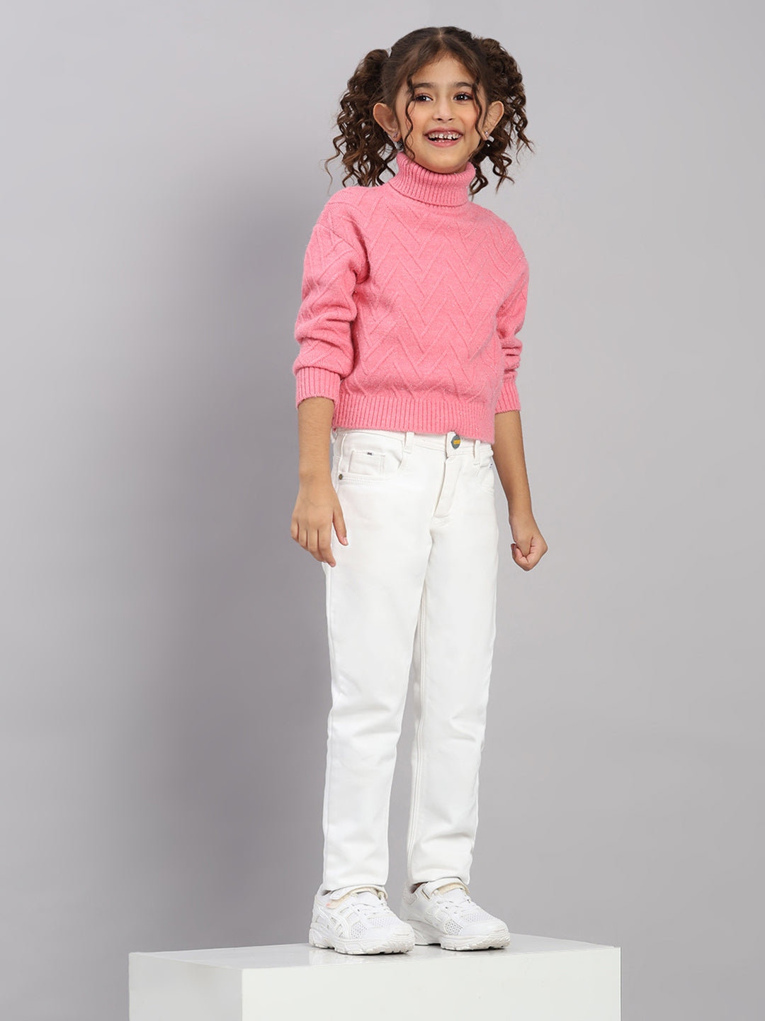 Girls Pink Self Design High Neck Full Sleeve Pullover