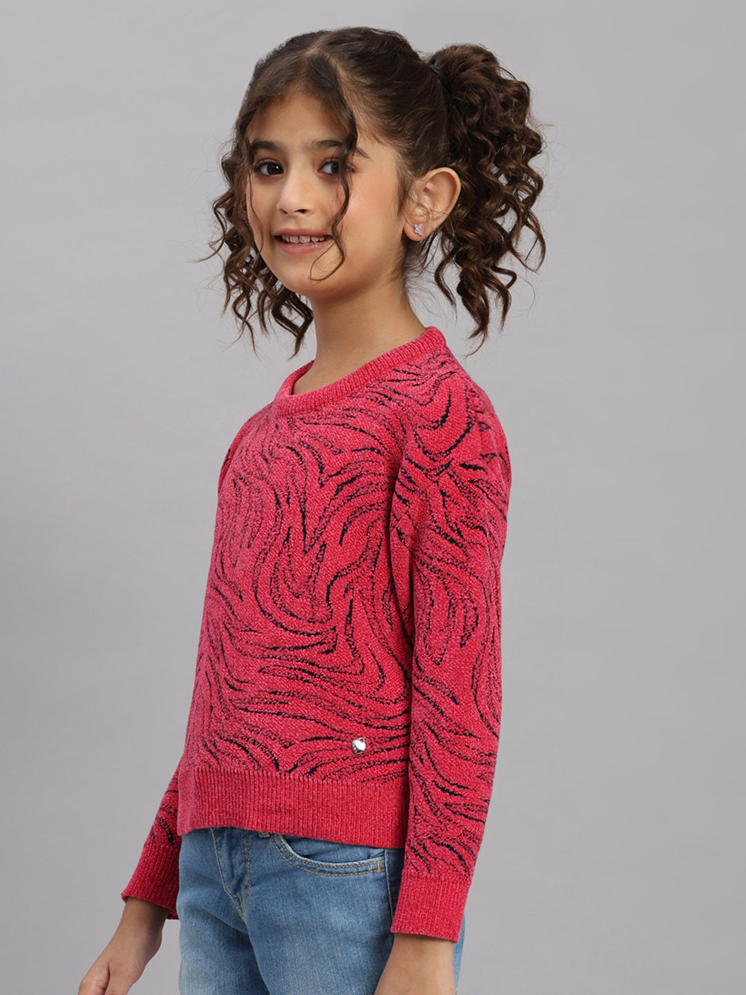 Girls Pink Self Design Round Neck Full Sleeve Pullover