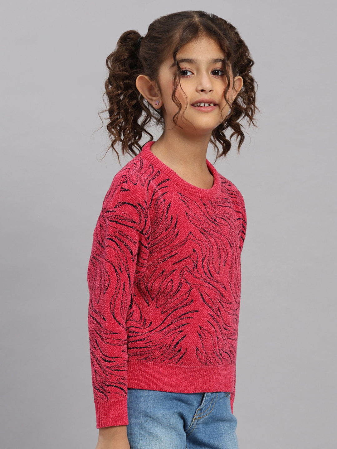 Girls Pink Self Design Round Neck Full Sleeve Pullover