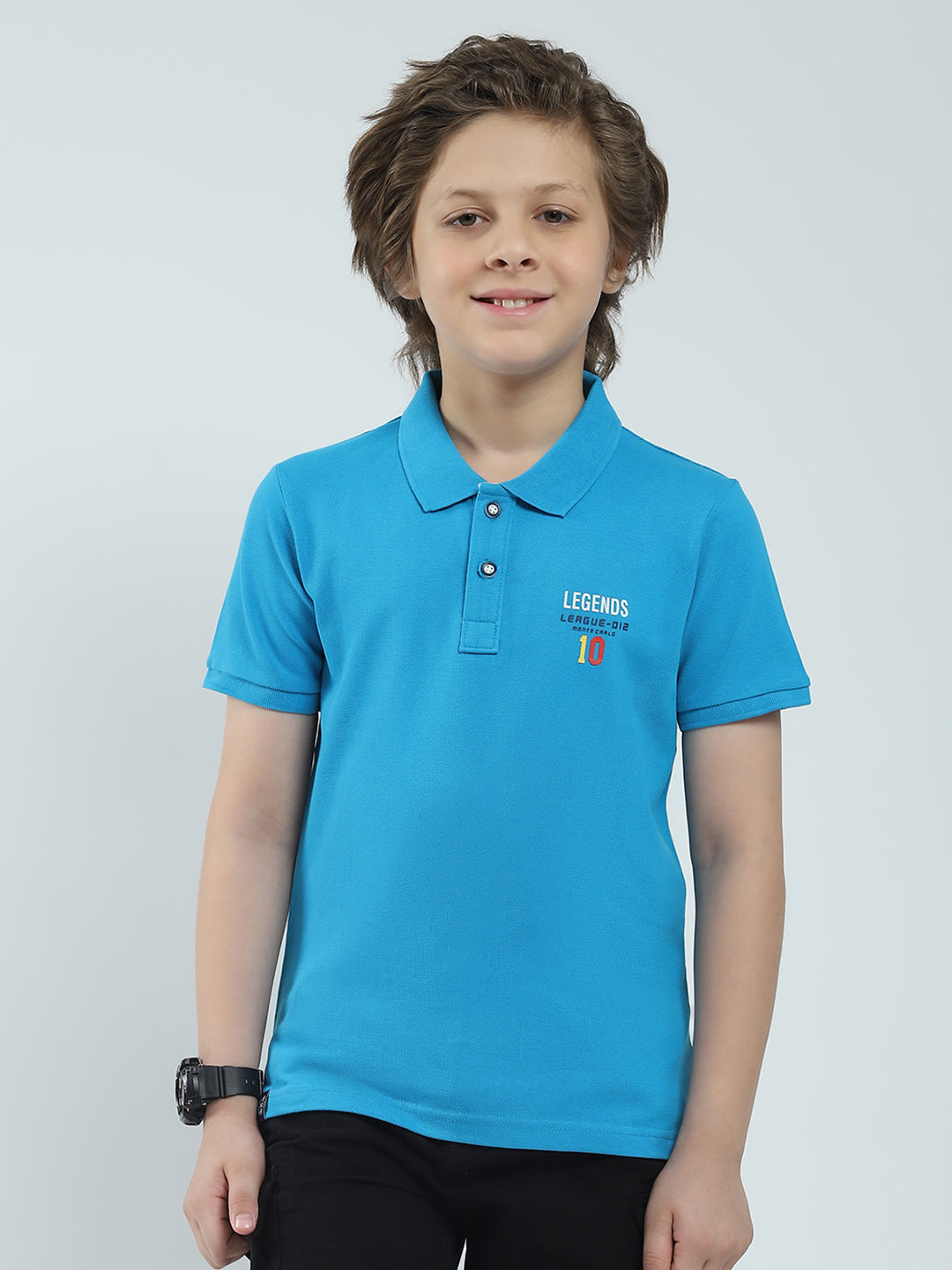 Boys Blue Solid Collar Half Sleeve T-Shirt