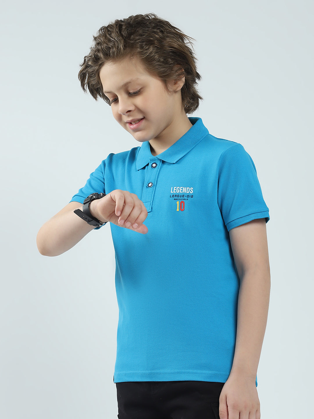Boys Blue Solid Collar Half Sleeve T-Shirt