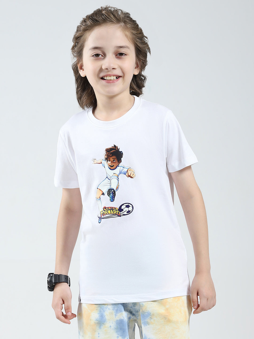 Boys White & Blue Printed Round Neck Half Sleeve T-Shirt (Pack of 2)