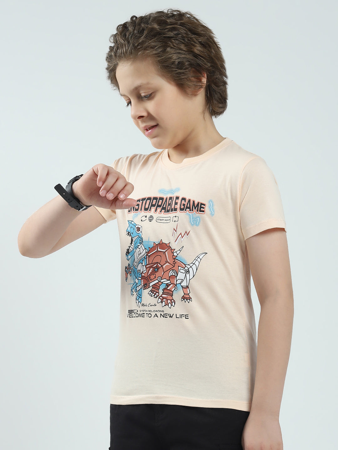 Boys Green & Peach Printed Round Neck Half Sleeve T-Shirt (Pack of 2)