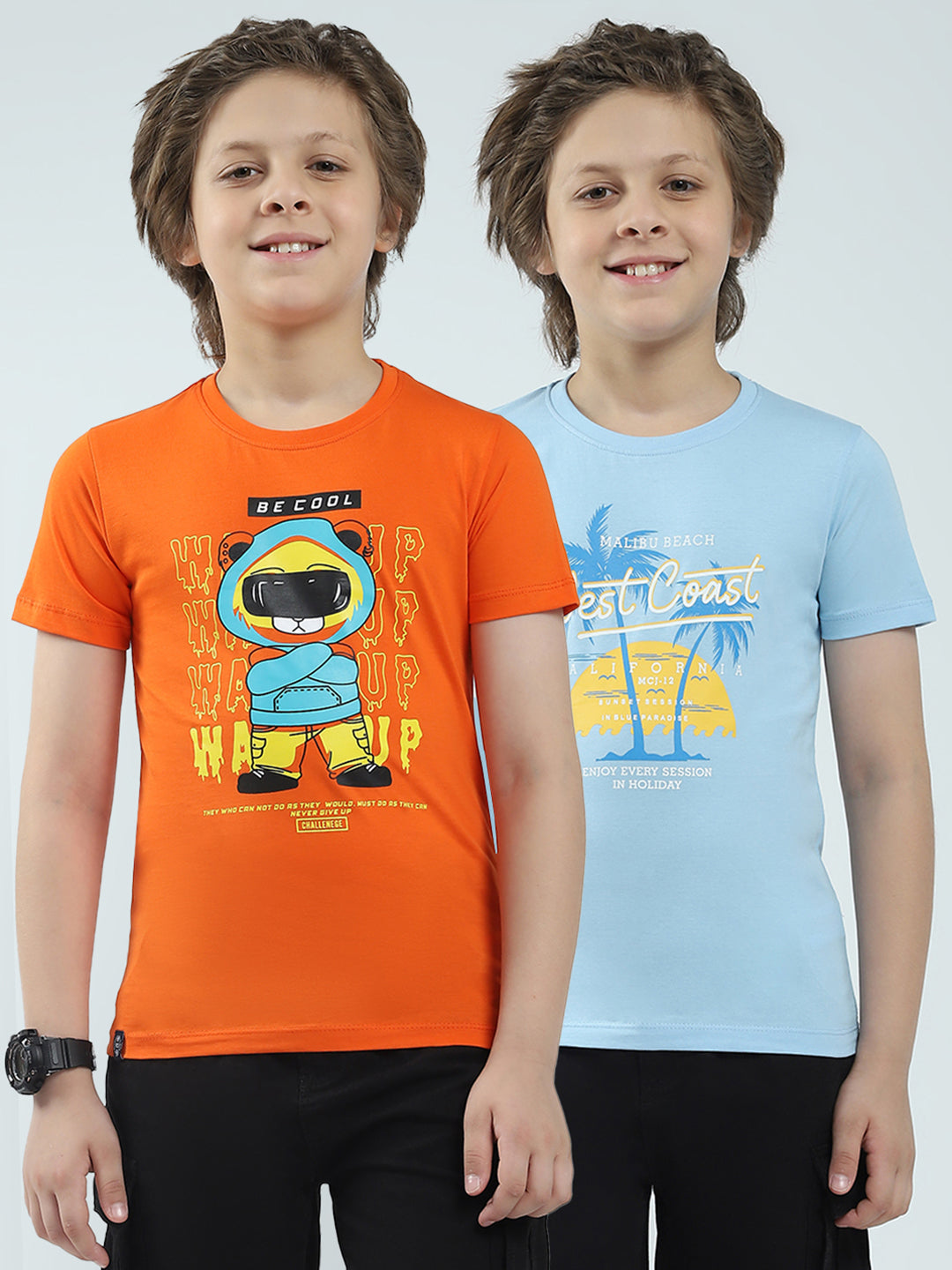Boys Blue & Orange Printed Round Neck Half Sleeve T-Shirt (Pack of 2)