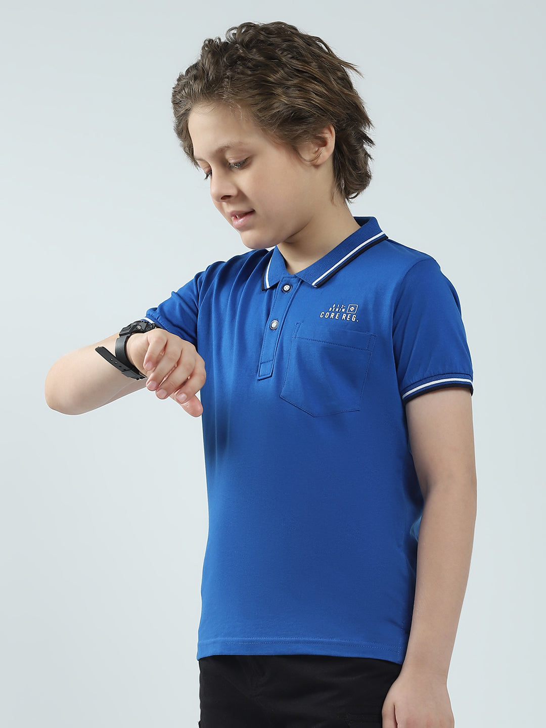 Boys Blue Solid Collar Half Sleeve T-Shirt