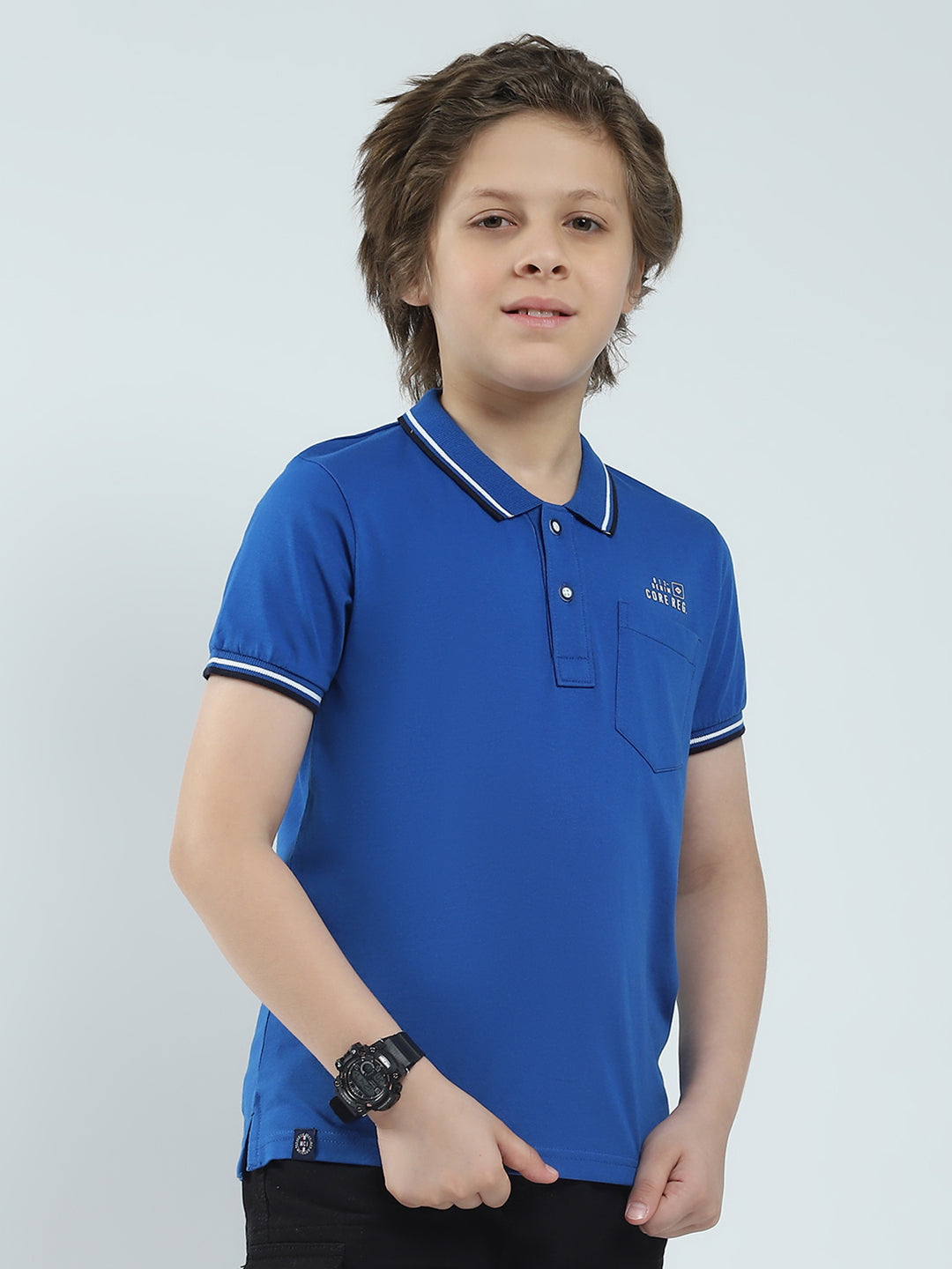 Boys Blue Solid Collar Half Sleeve T-Shirt