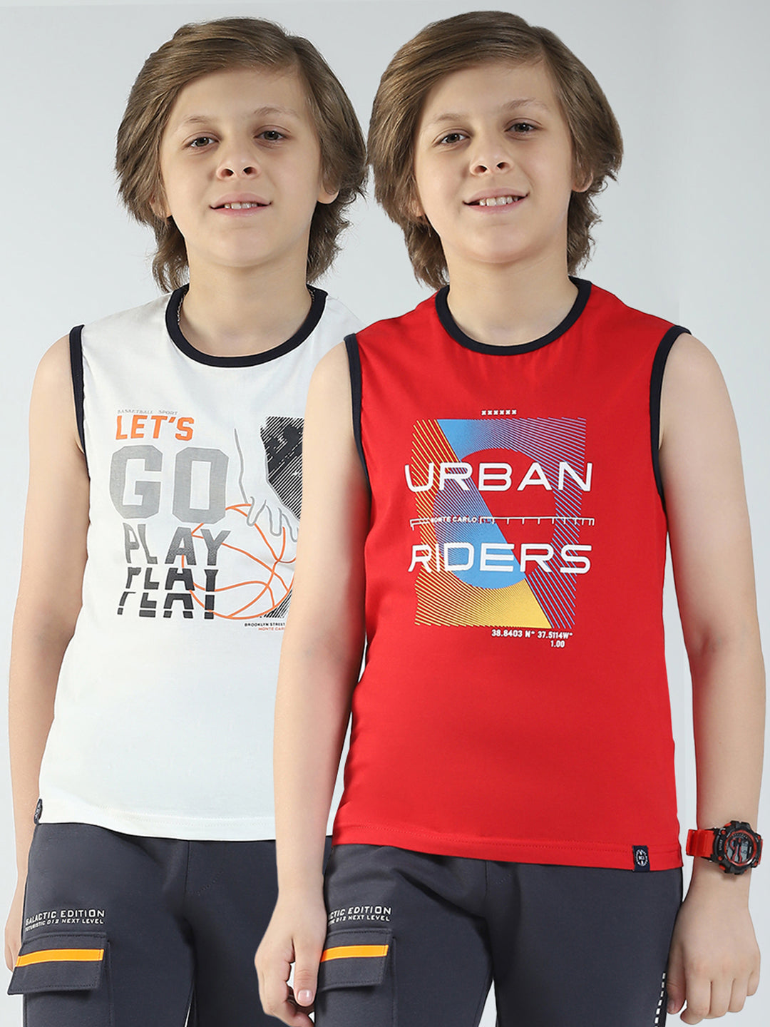Boys Red & Off White Printed Round Neck Sleeveless T-Shirt (Pack of 2)