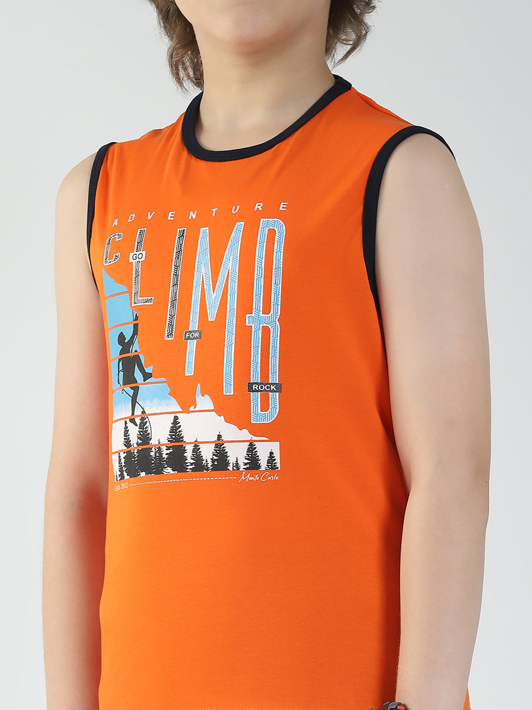Boys Blue & Orange Printed Round Neck Sleeveless T-Shirt (Pack of 2)
