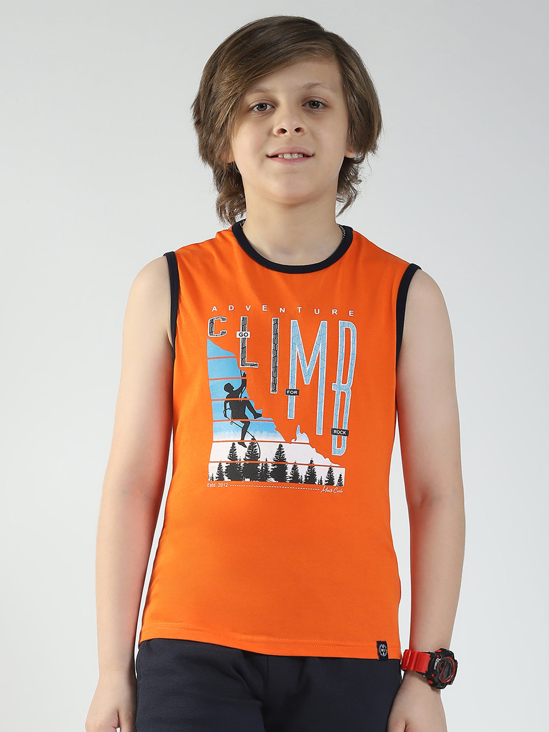 Boys Blue & Orange Printed Round Neck Sleeveless T-Shirt (Pack of 2)