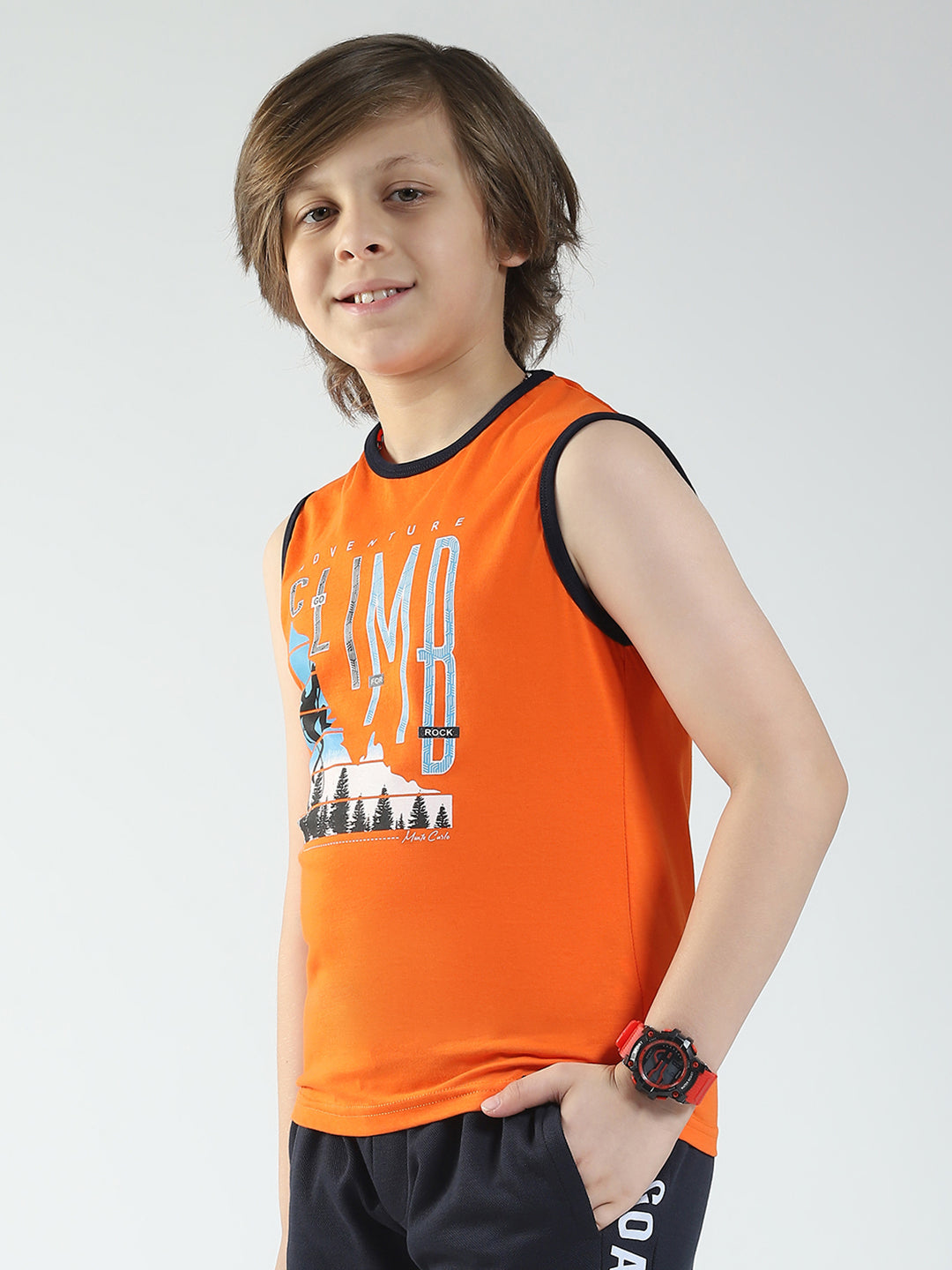 Boys Blue & Orange Printed Round Neck Sleeveless T-Shirt (Pack of 2)