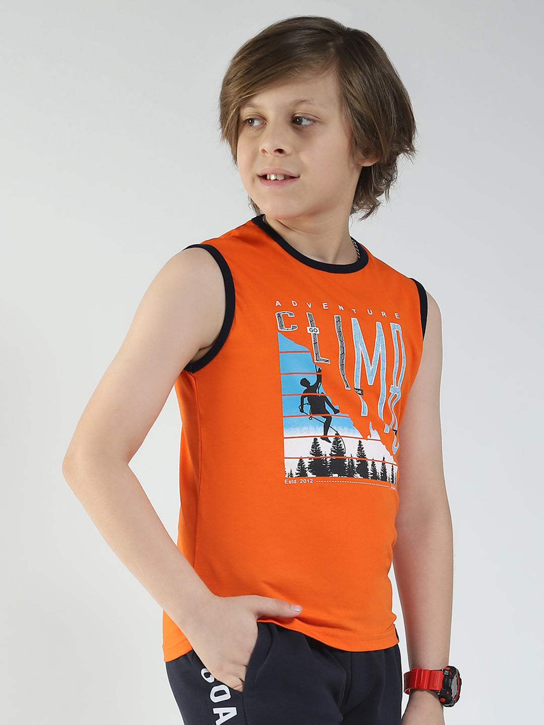 Boys Blue & Orange Printed Round Neck Sleeveless T-Shirt (Pack of 2)