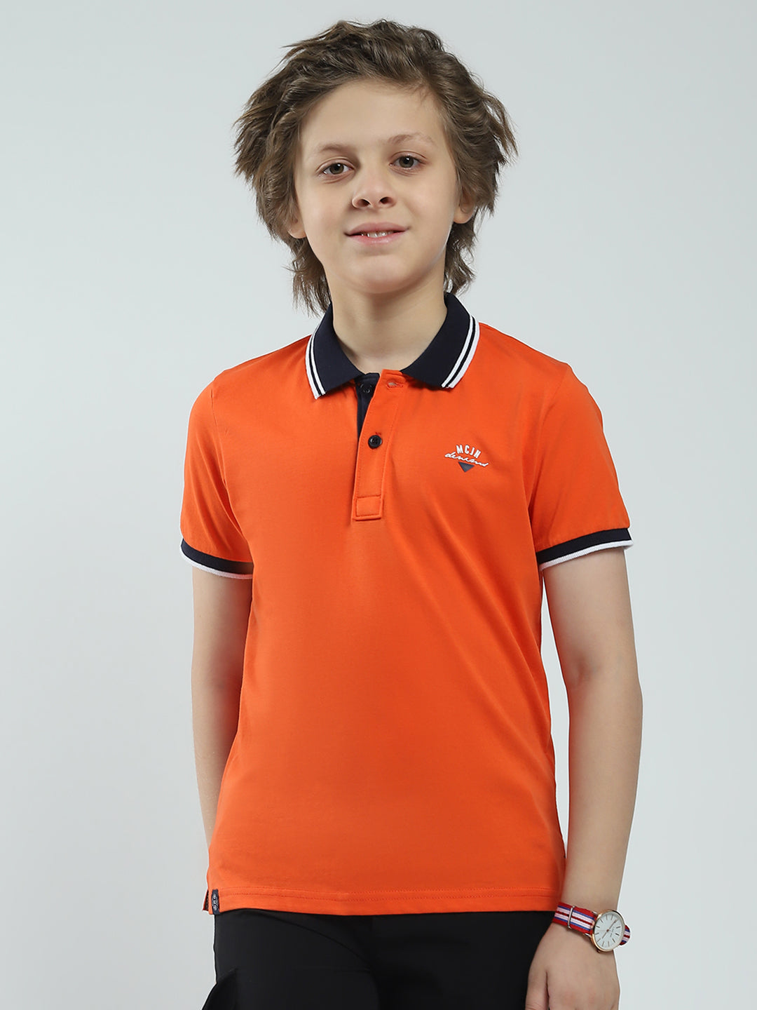 Boys Orange Solid Collar Half Sleeve T-Shirt