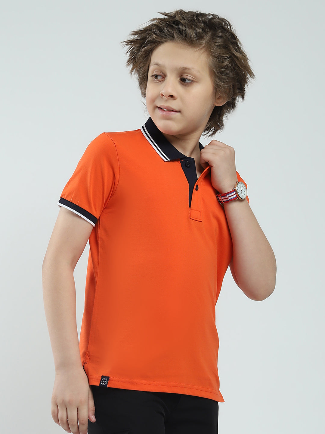 Boys Orange Solid Collar Half Sleeve T-Shirt
