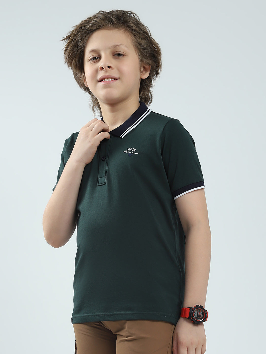Boys Green Solid Collar Half Sleeve T-Shirt